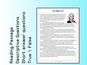Toni Morrison Biography Reading Comprehension Passage Printable Worksheet PDF