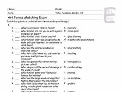 Art Forms Matching Exam Worksheet, Answer Key And Sheets