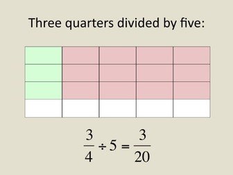 Maths Year 6 Division of a fraction by a whole number - simple clear presentation plus worksheet.