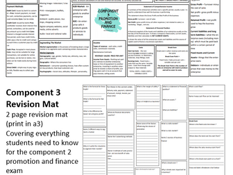 Component 3 Promotion and Finance BTEC Enterprise Exam A3 Revision Mat and Questions
