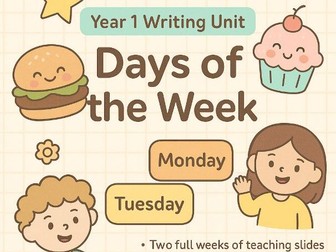 Year 1 Days of the Week Writing Unit – Narrative, Spellings & Food Writing | 2 Weeks of Editable Sli