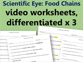 Scientific Eye: Food Chains. Video worksheets, differentiated x3.