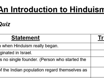 KS3 R.E Intro to Hinduism quiz and answers