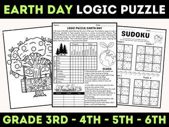 Earth Day: Logic Puzzle and Sudoku for Grade 3rd 4th 5th 6th Sub Plans