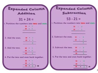 KS1 year 2 expanded column method posters addition and subtraction maths