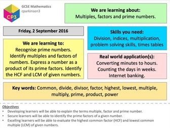 Factors, multiples and prime numbers (inc. HCF & LCM) GCSE