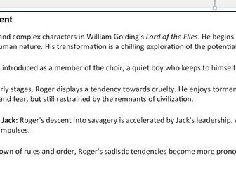 The Lord of the Flies: Roger Knowledge Organiser