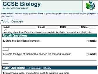 AQA GCSE Biology Osmosis Worksheet with Answers | Cell Transport Revision