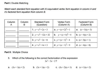 Quadratics Test or Test Review Version 1