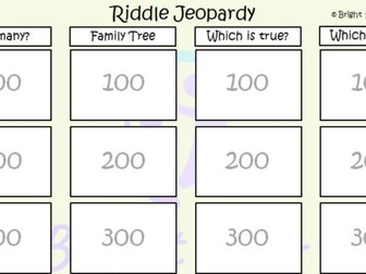Fun 11+ Verbal Reasoning -  Solve riddles and read information printable Jeopardy game (11 plus)