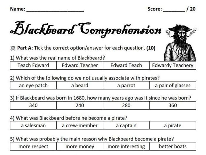 Blackbeard The Pirate Comprehension Worksheet | Teaching Resources