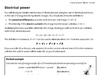 A level physics: Electrical power formula work questions and answers