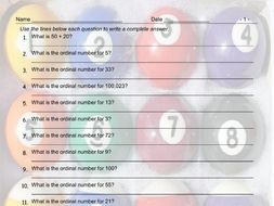 Cardinal-Ordinal Numbers Write Answers Worksheet