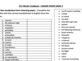 AQA SAMS 2 Higher feedback worksheet SPANISH NEW GCSE