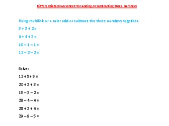 KS1 Differentiated worksheet for adding and subtracting three numbers