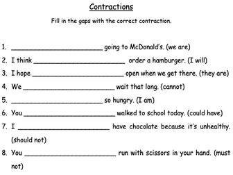 KS1/LKS2 Contractions Worksheet Activity