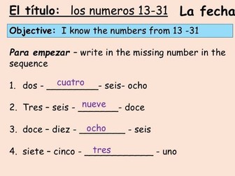 Spanish numbers 13-31 Y7 Spanish 1 lesson