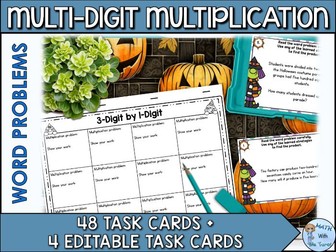 Halloween Multi-Digit Multiplication Word Problem Task Cards With Editable Pages