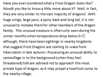 Information text/Non Chronological report for Year 5/6 new curriculum - The Arctic Frost Dragon