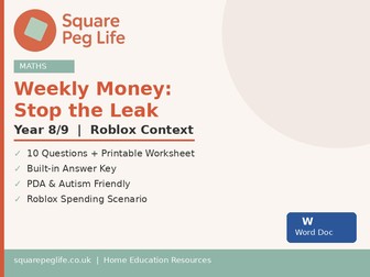 Roblox Money Maths Year 8/9 PDA Friendly Printable Worksheet
