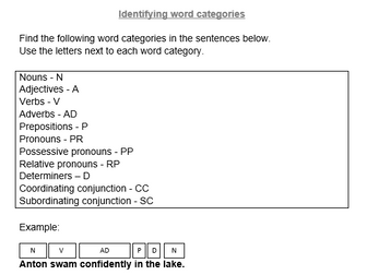 Word category activities and answers for KS2/3