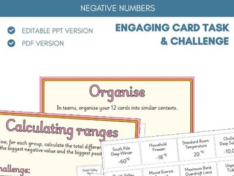 Negative Numbers on a Number Line | Card Task Activity | Place Value