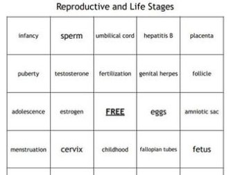 "Reproductive and Life Stages" Bingo for a Middle School Science Course