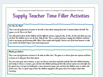 Supply Teacher Time Filler Activities | Child Engagement Games| Supply Teacher Resources