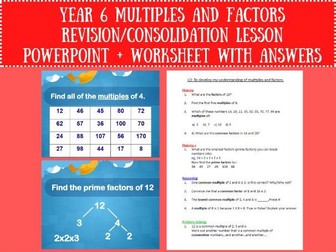 Year 6 Multiples and Factors Revision/Consolidation Lesson - PowerPoint/Worksheet with Answers