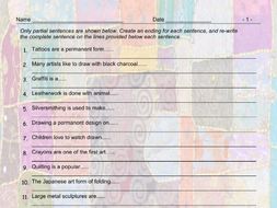 Art Forms Sentence Finishers Worksheet and Answer Key
