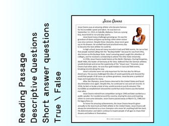 Jesse Owens Biography Reading Comprehension Passage Printable Worksheet PDF