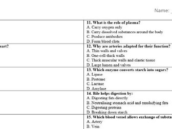 AQA GCSE Biology Topic 2: Organisation – 20 Multiple Choice Questions and Answers