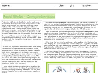 Food Webs Comprehension Sheet Homework