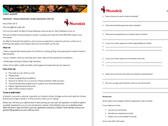 Functional Skills/ Entry Level. Job advert/ job application.  Nandos. Reading and Writing task.