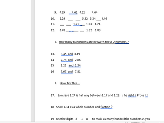 Counting in hundredths worksheet - including completing sequences, missing numbers, reasoning