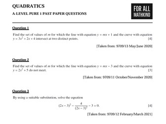 A-LEVEL 9709 MATHS PAST PAPER TOPIC QUESTIONS (QUADRATICS - ALGEBRA)