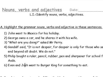 Nouns, verbs and adjectives worksheet