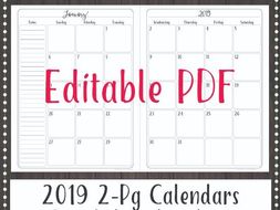 Editable 2019 Monthly Calendar 2-page spread | Teaching Resources