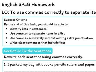 English SPaG Homework – Commas in Lists