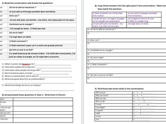 Les vacances (holidays) cover work / independent work (4 pages)
