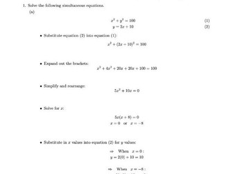 Quadratic Simultaneous Equations Worksheet (with answers)