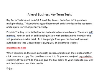 A level Business Key Term Self Marking Quiz / Tests