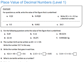 Place Value of Decimal Numbers (Level 1)