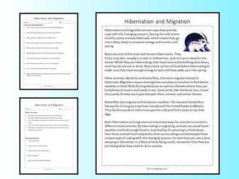 Hibernation and Migration Reading Comprehension Passage Printable Worksheet