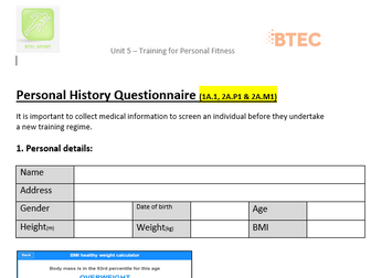 PE BTEC Level 2: Unit 5 - Personal History Questionnaire Example