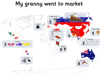 My Granny Went to Market: A Round-the-world Counting Rhyme - World map with locations and items