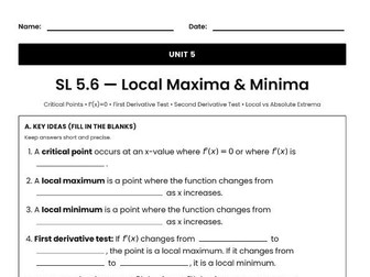 IB Math AI Worksheet SL 5.6 - Local Maxima & Minima
