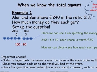 Ratio- Dividing when one part, the total or the difference is known