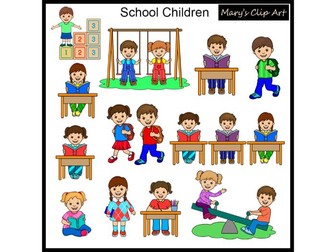 Clipart of school children and children playing in the playground.
