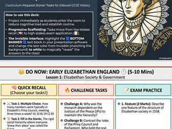 Edexcel GCSE History: Early Elizabethan England 1558-1588 | 12 'Do Now' Starter Lessons